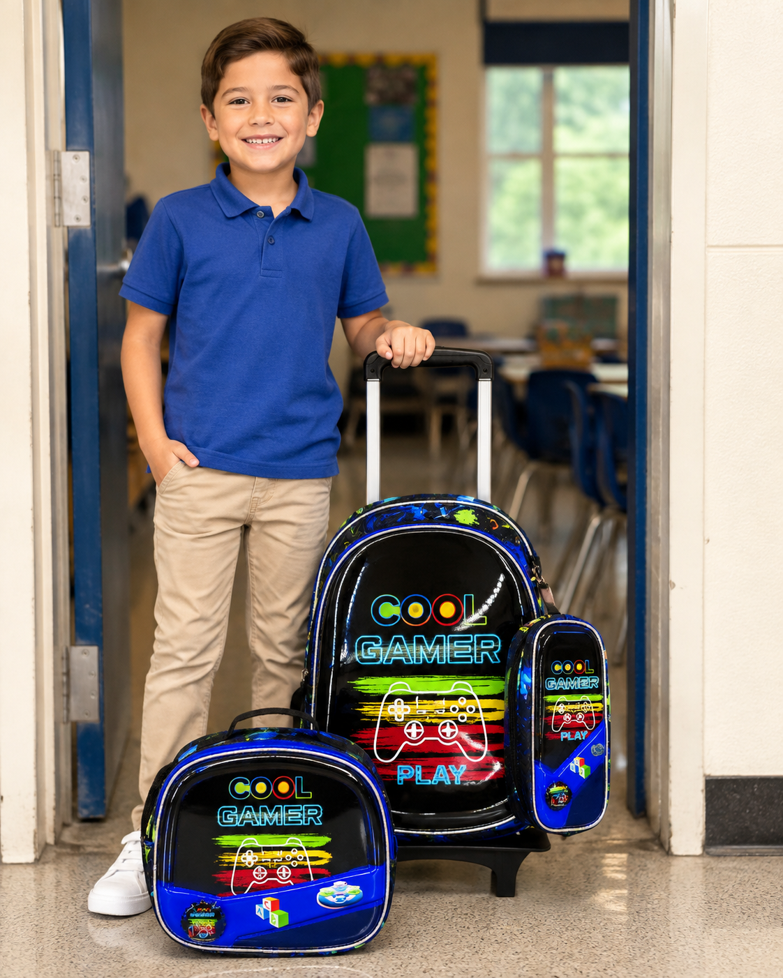 Pack Scolaire 3 Pièces Premium – Cartable à Roulettes Trolley 3D